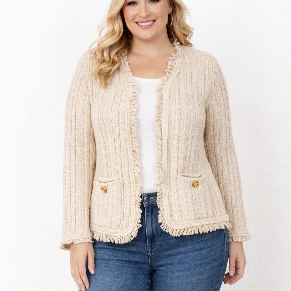 NEW J.Crew flawed Textured cable-knit lady jacket fringe color pale bone size M‎